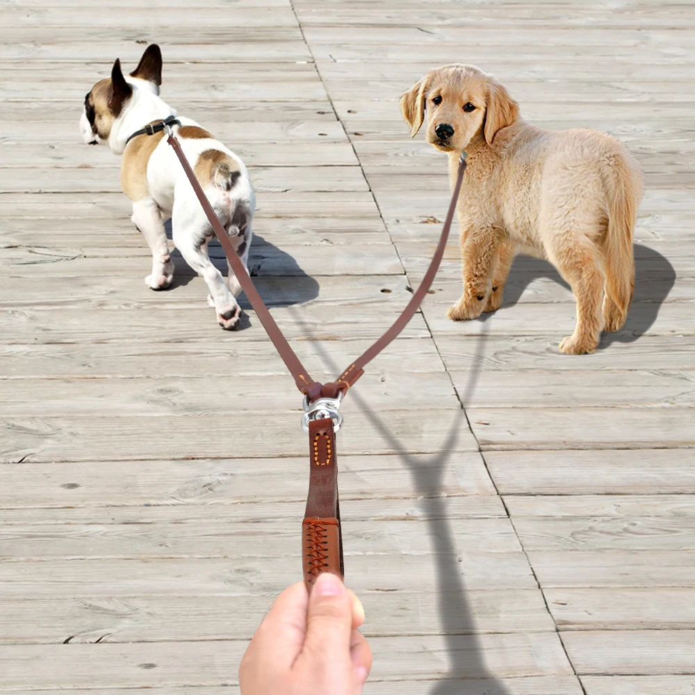 Correa doble para perros de 2 vías, de cuero, con acoplamiento antienredos y asa para pasear y entrenar a 2 perros pequeños y medianos. - Imagen 3