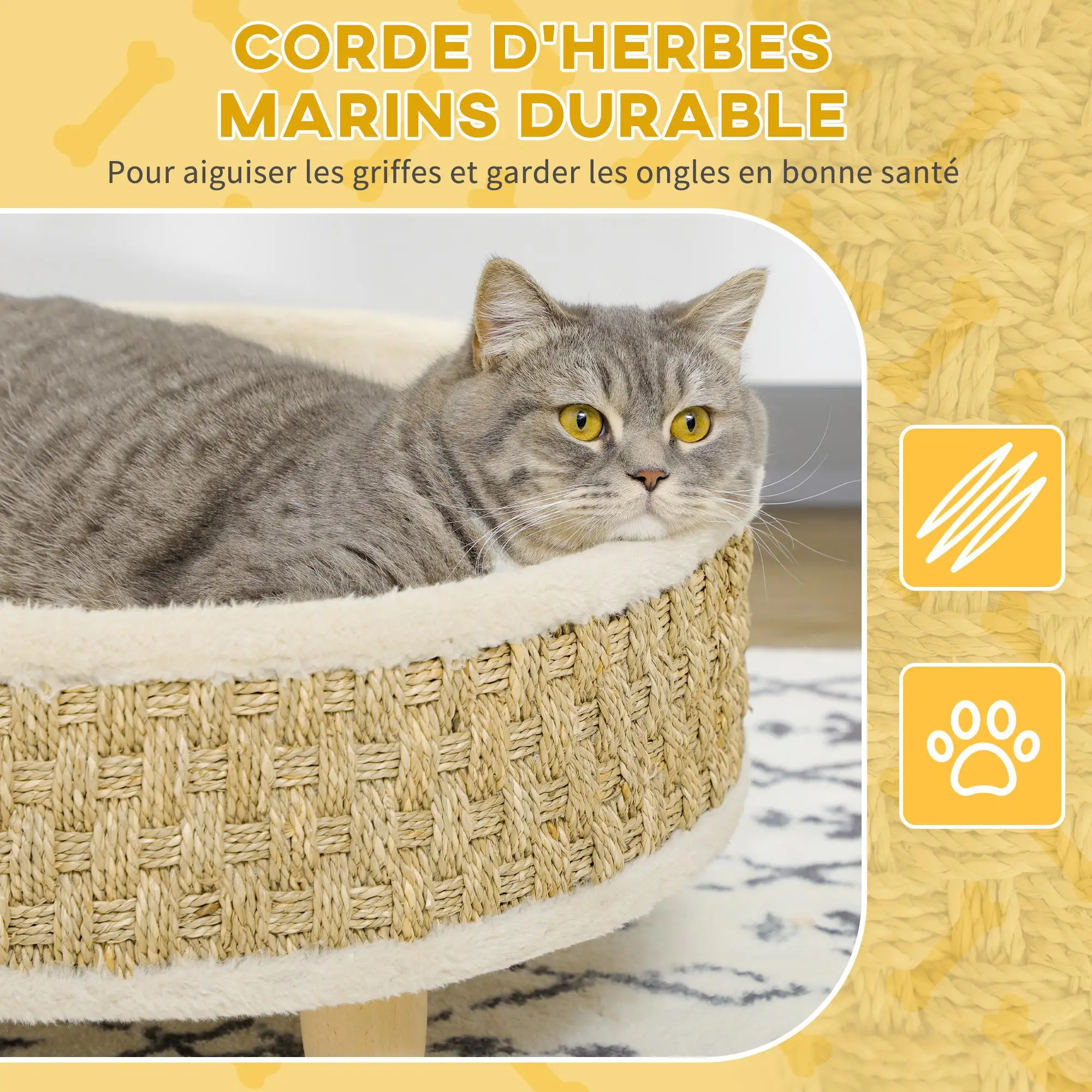 Cama para mascotas PawHut de hierba marina con almohada lavable, Ø 48x24,5 cm, color beige, para gatos y perros. - Imagen 7