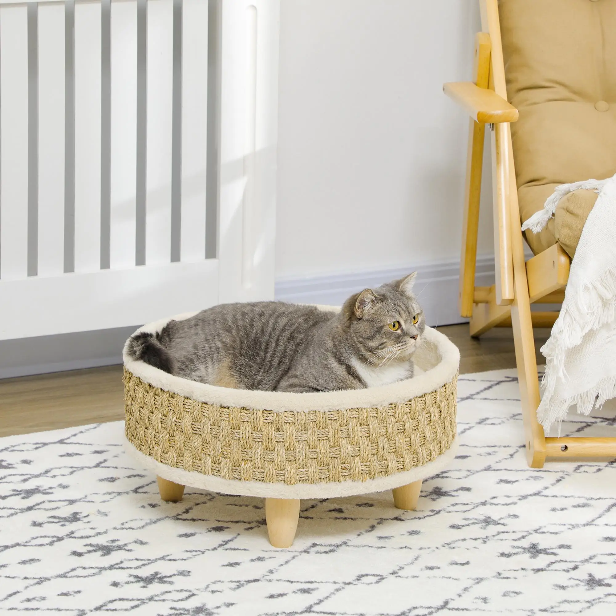 Cama para mascotas PawHut de hierba marina con almohada lavable, Ø 48x24,5 cm, color beige, para gatos y perros. - Imagen 4