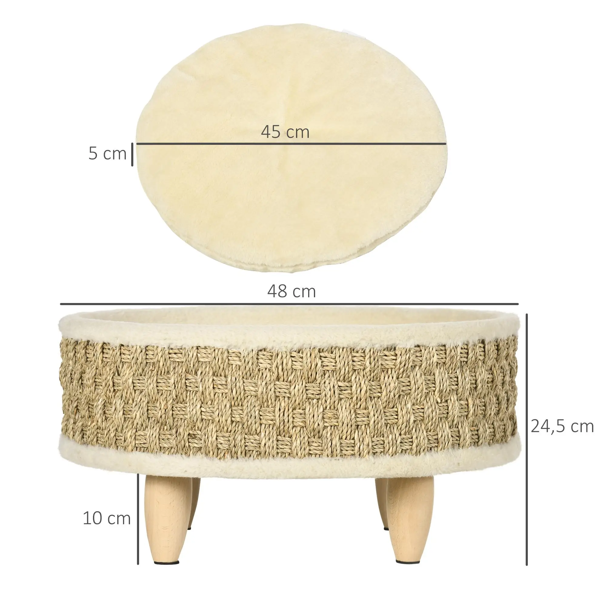 Cama para mascotas PawHut de hierba marina con almohada lavable, Ø 48x24,5 cm, color beige, para gatos y perros. - Imagen 12