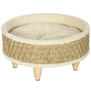 Cama para mascotas PawHut de hierba marina con almohada lavable, Ø 48x24,5 cm, color beige, para gatos y perros.