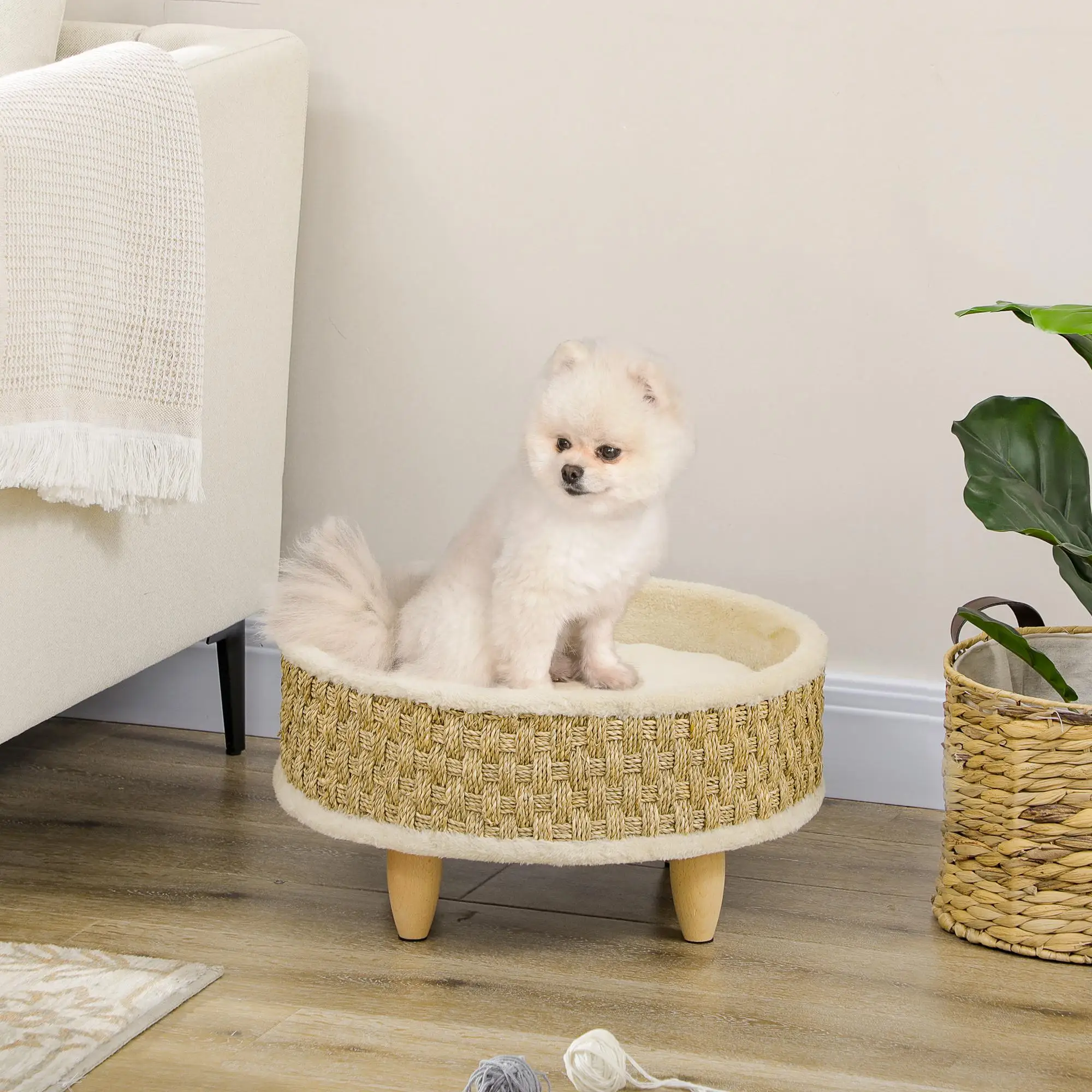 Cama para mascotas PawHut de hierba marina con almohada lavable, Ø 48x24,5 cm, color beige, para gatos y perros. - Imagen 10