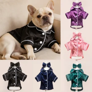 Conjunto de pijama para mascotas: lindo pijama de color liso para perros y gatos con diadema de flores, suave y sin arnés.