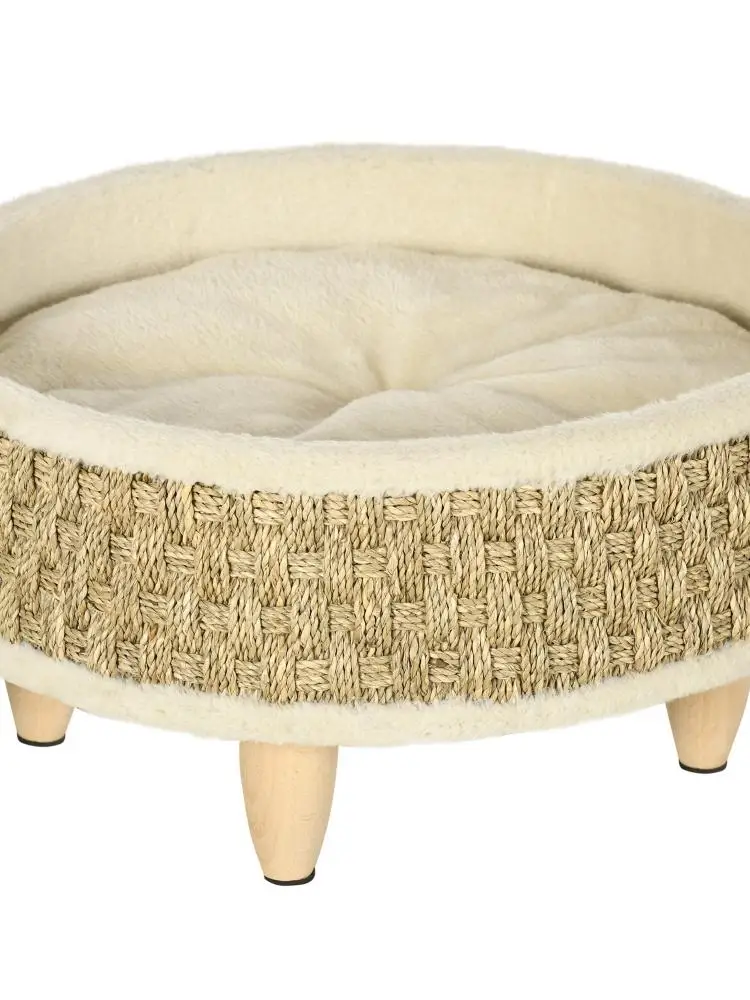Cama para mascotas PawHut de hierba marina con almohada lavable, Ø 48x24,5 cm, color beige, para gatos y perros. - Imagen 14