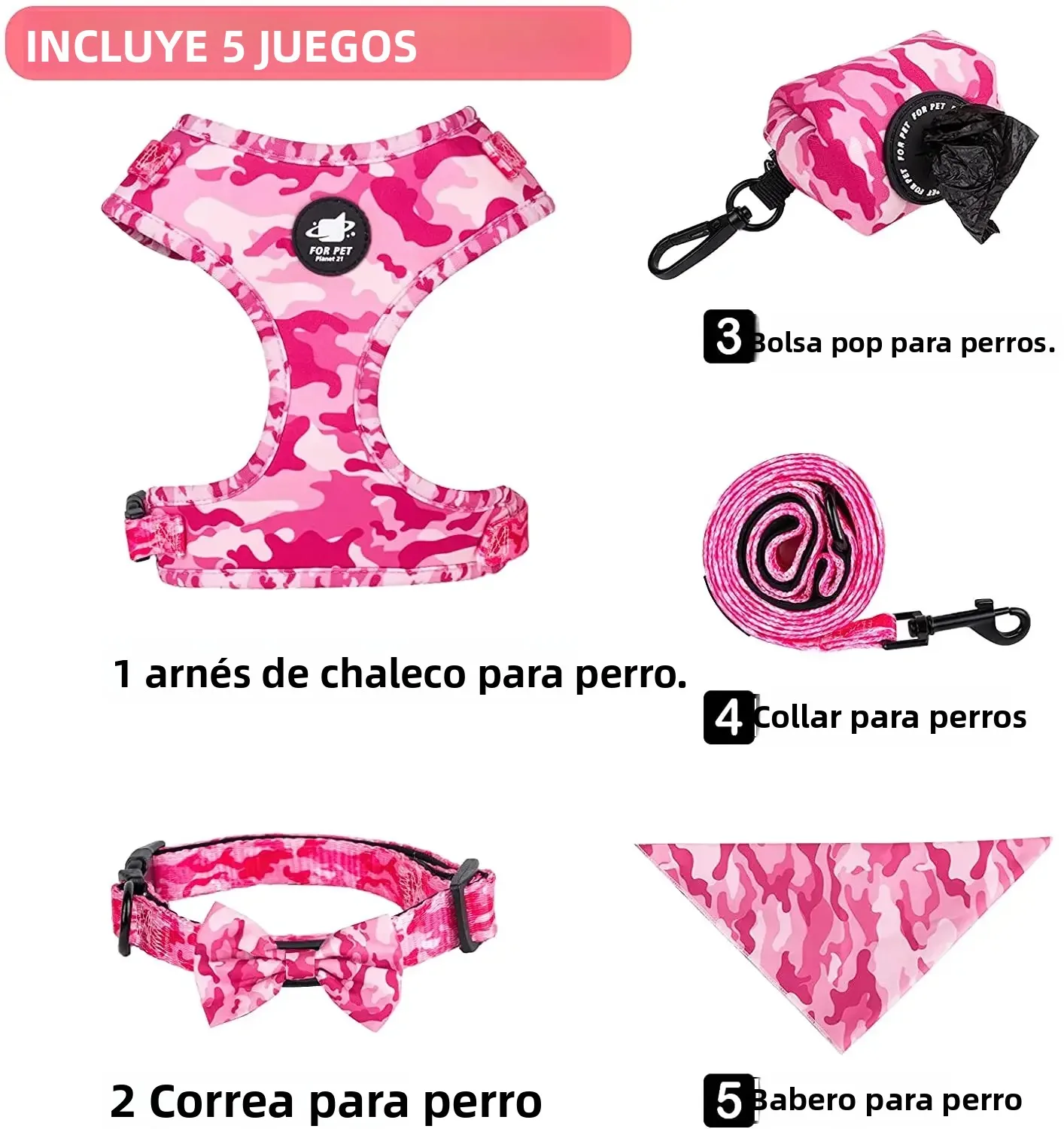 Conjunto de arnés para perros que incluye chaleco, arnés, collar, correa, pañuelo, bufanda, bolsa para excrementos y accesorios para mascotas (gatos y perros). - Imagen 6