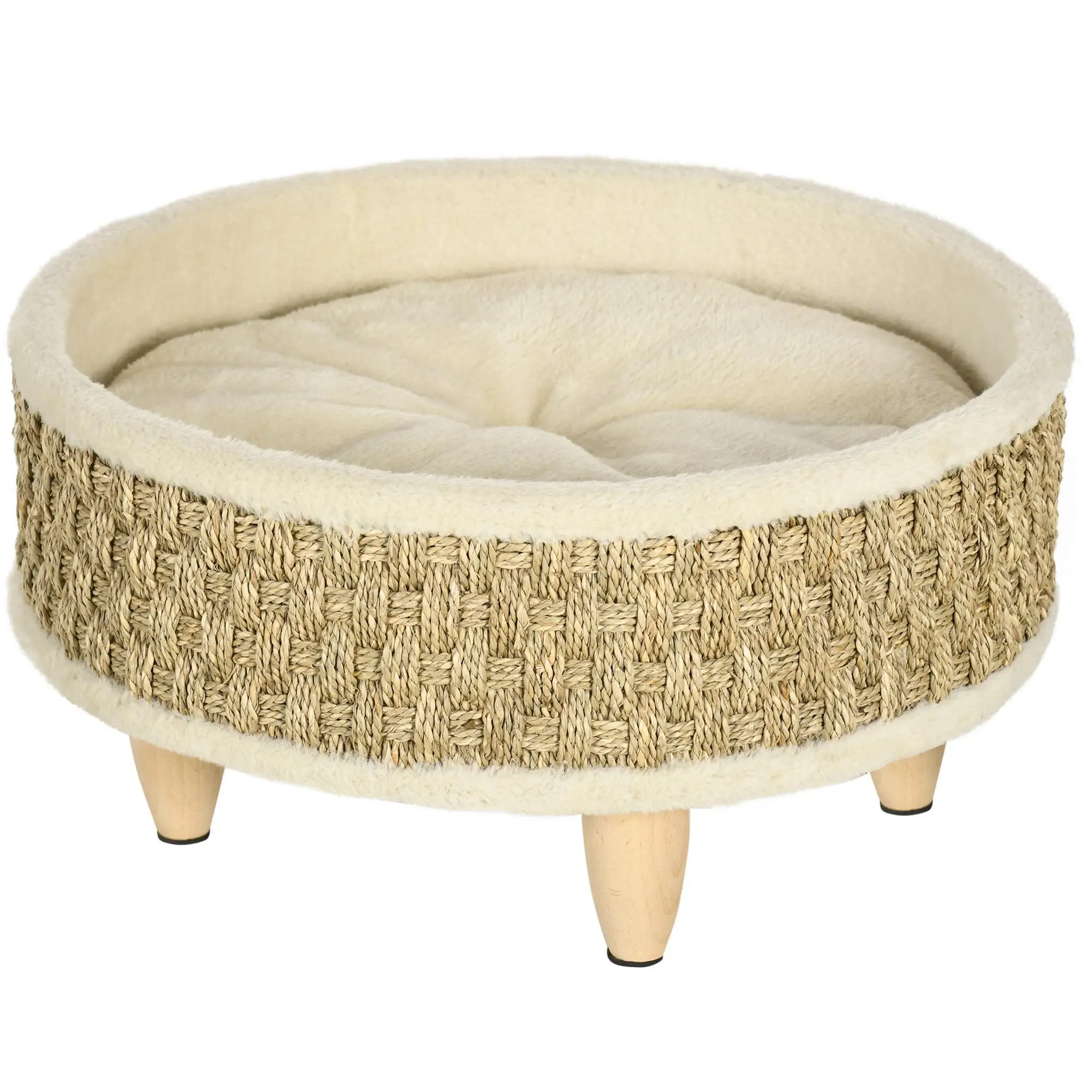 Cama para mascotas PawHut de hierba marina con almohada lavable, Ø 48x24,5 cm, color beige, para gatos y perros. - Imagen 9