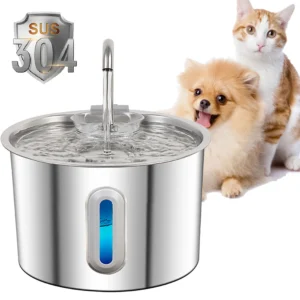 Fuente de agua para gatos de acero inoxidable de 2,2 L/75 oz, dispensador automático de agua para mascotas, para perros y gatos, con sistema de filtración.