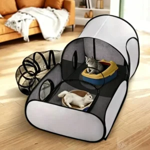 Tienda de campaña plegable para gatos con túnel, jaula transpirable de poliéster para gatos, parque de juegos para interiores y exteriores para gatos y perros pequeños.