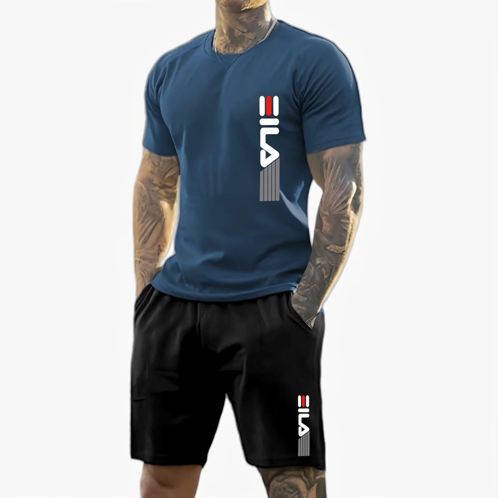Camiseta y shorts de cuello redondo, cómodos y transpirables, con estampado de letras y estampado urbano para hombre. - Imagen 2