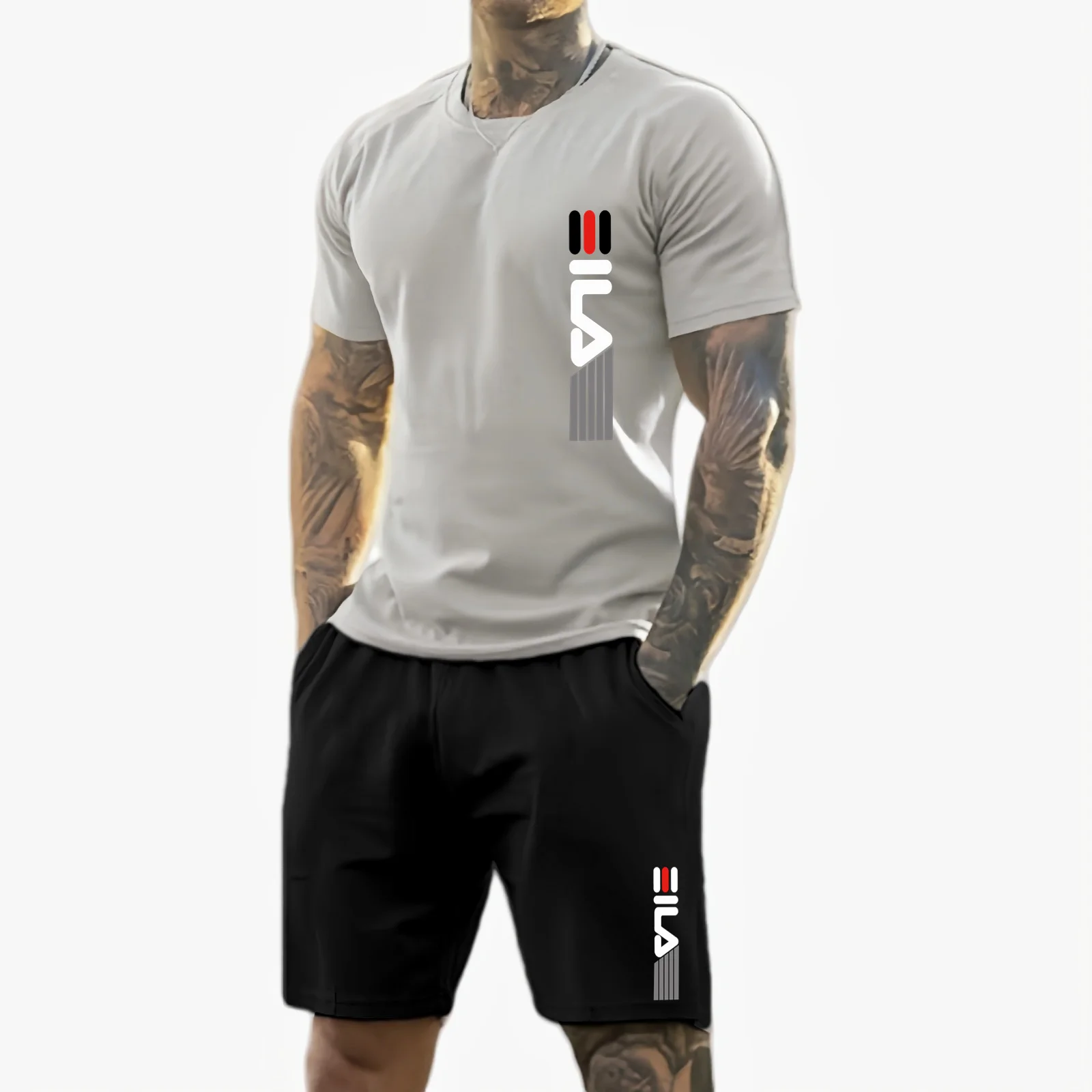 Camiseta y shorts de cuello redondo, cómodos y transpirables, con estampado de letras y estampado urbano para hombre. - Imagen 4